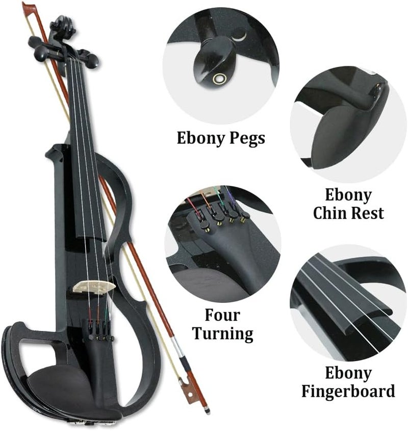 ModouString 4/4 Full Size Electric Violin – Silent Electric Violin with Headphone Jack, Ebony Fittings – Includes Case, Bow, – Ideal for Practice & Performance (Black) - Image 4